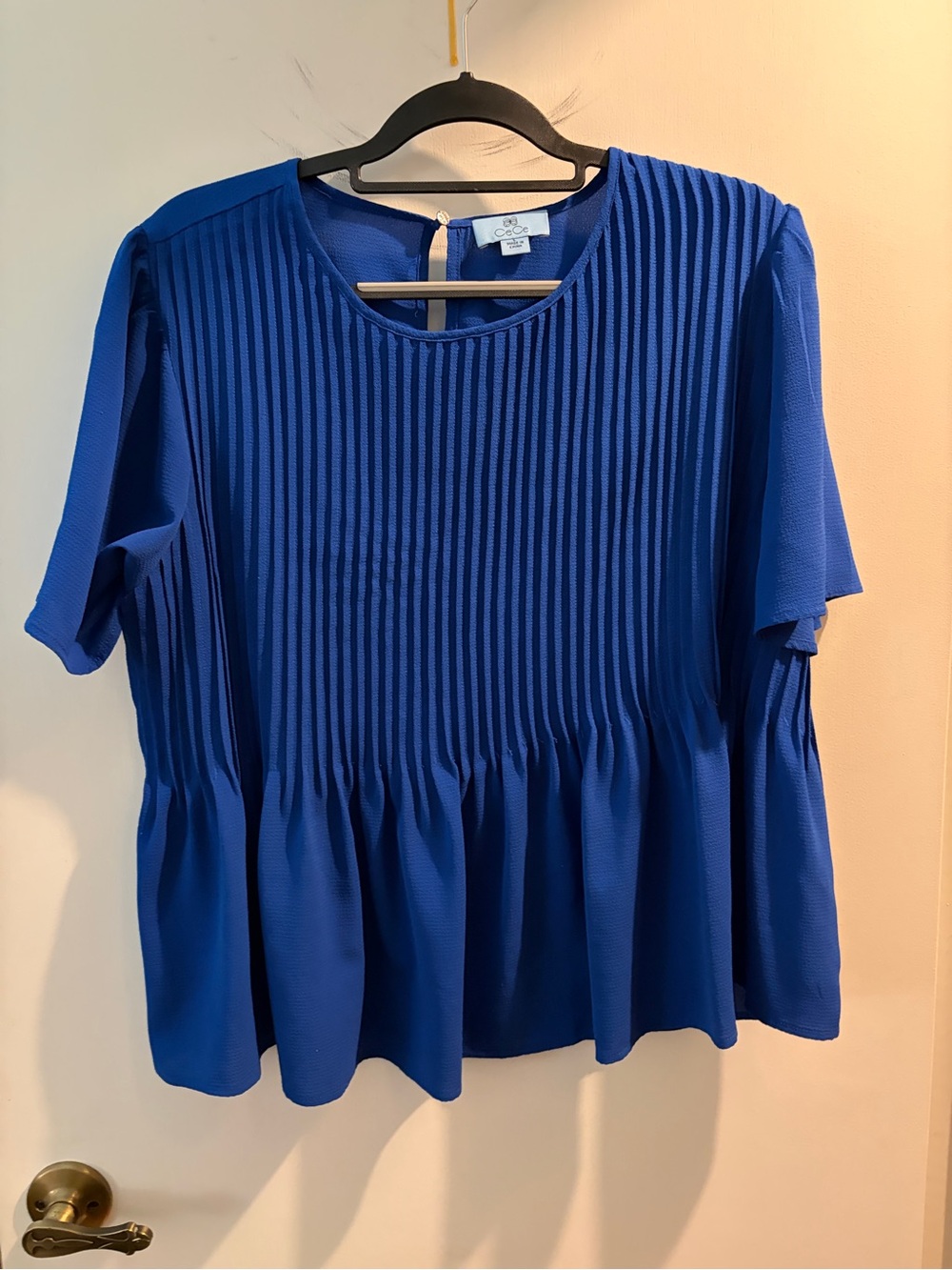 CeCe Royal Blue Pleated Peplum Short-Sleeve Top